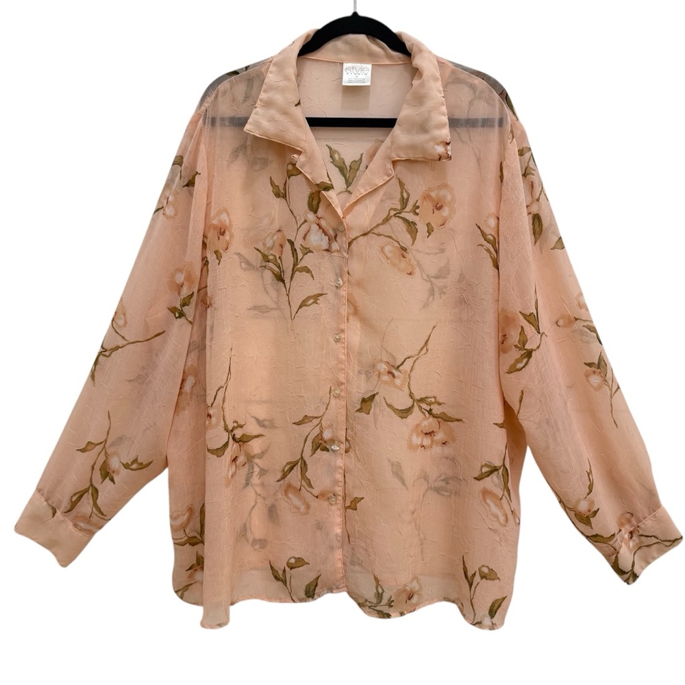 Cottagecore Floral Semi Sheer Blouse Women’s 3X Button Front Style Studio Peach